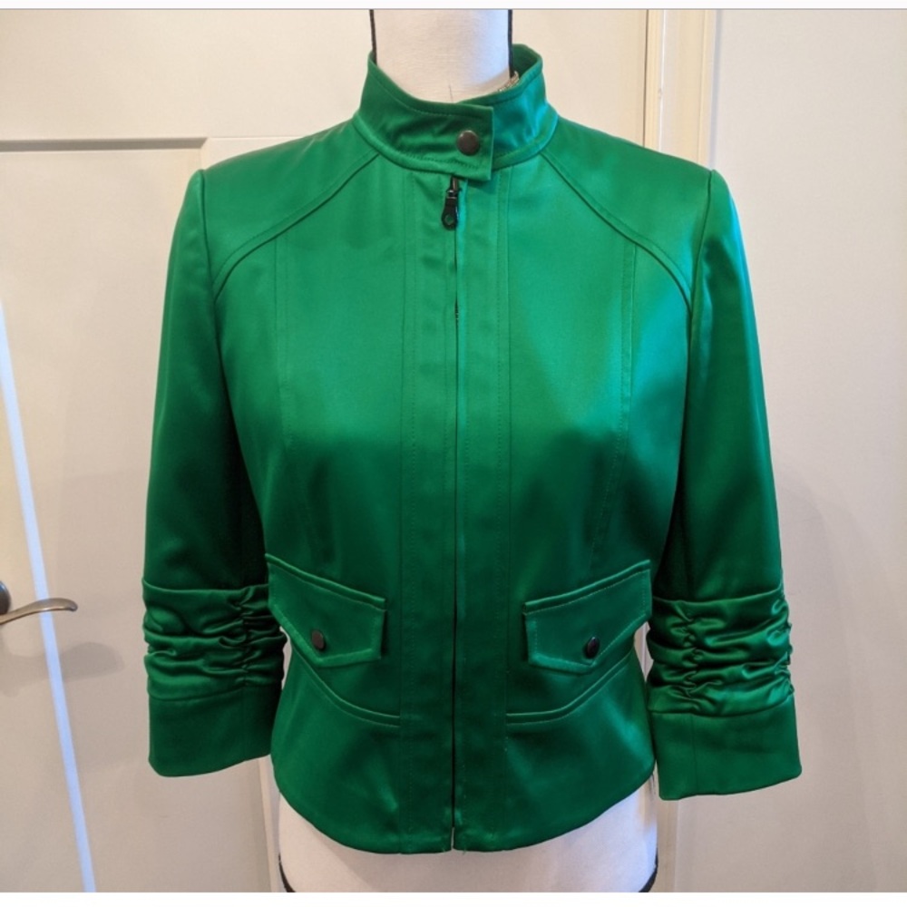 Anthracite Ruched Satin Moto Jacket Sz 8 emerald green